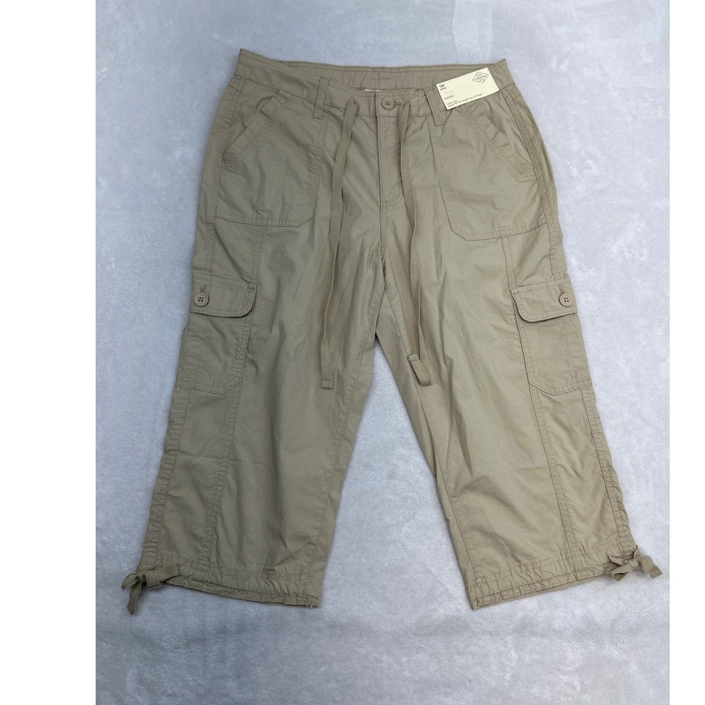 St Johns Bay Capri Pants Womens 12P Khaki Cargo Mid Rise Stretch Tan NWT